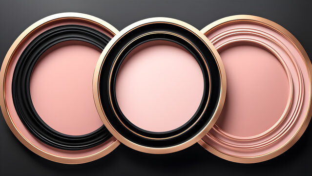 Set of gold, rose gold, black frame design. Abstract 3D circle backdrop for cosmetic product