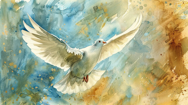 A majestic white bird soars gracefully through the open sky, captured in a beautiful painting with intricate details of its feathers, beak, and wings