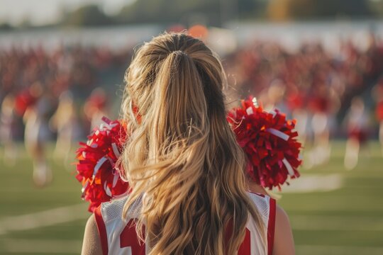 Rear view of a cheerleader with red pom-poms at a football game.