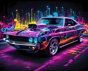 colorful and bright vehicle, musclecar made of neon lights, glowing in the dark, vibrant colors,...