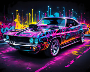 colorful and bright vehicle, musclecar made of neon lights, glowing in the dark, vibrant colors, graffiti art, splash art, street art, spray paint