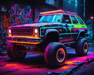 colorful and bright vehicle, all-terrain vehicle made of neon lights, glowing in the dark, vibrant...