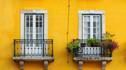 Symmetrical windows on a vibrant yellow wall with balcony flower boxes.
