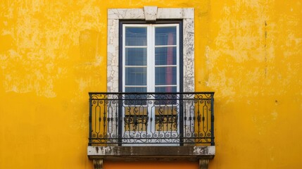 Obraz premium Traditional window with flower pots on a vibrant yellow wall.
