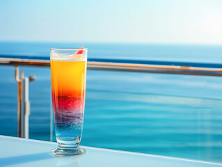 tall glass with a three-color drink on the balcony table on a blurred sea background.