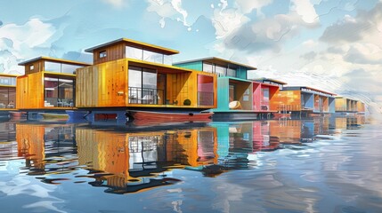 Floating Residential Barges: Maritime Coastal Living and conceptual metaphors of Maritime Coastal Living - obrazy, fototapety, plakaty