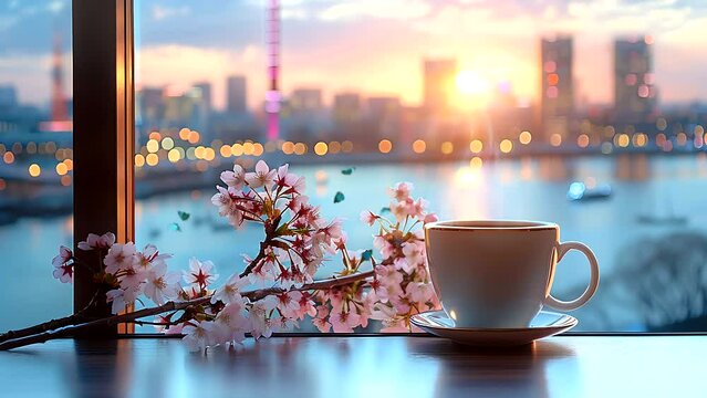  cup of coffee at the window with a spring cherry blossom cityscape of kobe. Seamless looping 4k time-lapse video animation background