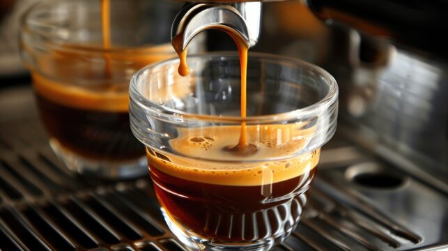 Espresso shots being pulled into clear glasses.