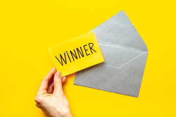 Congratulatory letter for the winner on letter envelope. Winner concept.