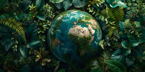 Obraz na płótnie Canvas Harmonious Globe Surrounded by Flourishing Greenery,Symbolic of Sustainable Environmental Progress