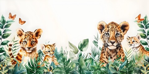 Watchful Guardians of the Lush Jungle Wilderness - Adorable Big Cat Cubs Exploring the Verdant Habitat - obrazy, fototapety, plakaty