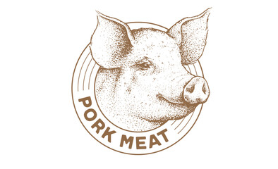 Pork, pig head, meat tag label. Template Meat Tag Label. Vintage print, tag, label with pig sketch ink pencil style drawing. Butchery pork pig head meat shop, text, typography. Vector Illustration - 763949284