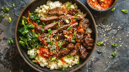 Bulgogi Korean beef dish with rice and green onions on a dark plate.