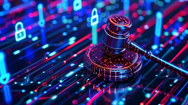 An image depicting a wooden judges gavel lying on a futuristic abstract technology background, symbolizing the enforcement of cybersecurity laws and regulations.