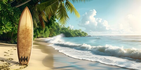 Tranquil Tropical Beach with Wooden Surfboard Awaiting Adventure and Freedom in the Crashing Waves