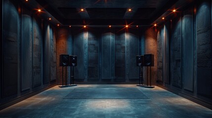 Professional empty music recording studio with modern soundproofing and speakers - obrazy, fototapety, plakaty