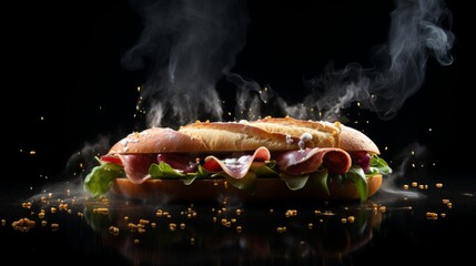 Delicious italian style submarine sandwich on blurred background with copy space