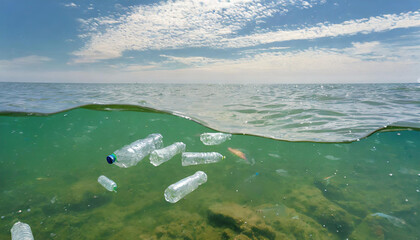 Symbolik, Müllproblem, leere Plastikflaschen treiben auf dem Meer, KI-generiert