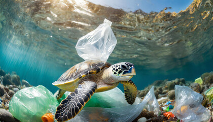 Obraz premium Symbolik, Müllproblem, Plastikmüll treibt im Meer und gefährdet Tiere, Meeresschildkröte, KI-generiert