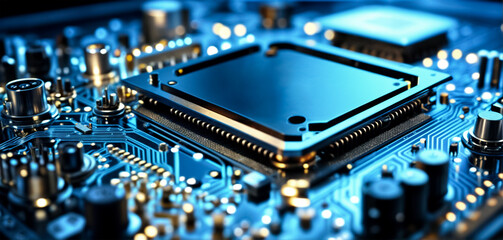 Fototapeta premium A close up of a circuit board with a CPU chip at its center. CPU, Computing power, AI, Processing power.
