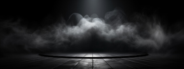 Spectral Smoke Whispers Above Circular Stage on Dark Background