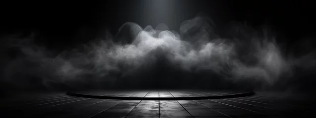 Fotobehang Spectral Smoke Whispers Above Circular Stage on Dark Background © heroimage.io