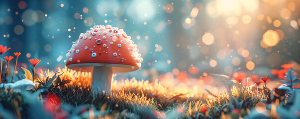 Dreamy view to fly agaric mushroom in the forest in the morning. - obrazy, fototapety, plakaty