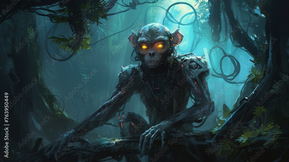 Poster artistic depiction of a primate-like robot with glowing eyes in a dark, dense forest, blending natur