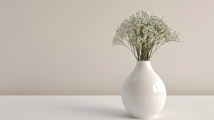White vase with baby's breath flowers on a beige background.