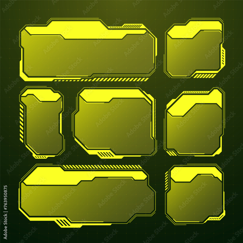 Poster yellow futuristic hud, ui elements. sci-fi user interface text boxes, callouts. warning message fram