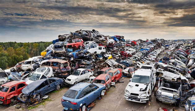 Symbolik, großer Schrottplatz mit Autowracks, Schrottautos, Altmetall, KI-generiert