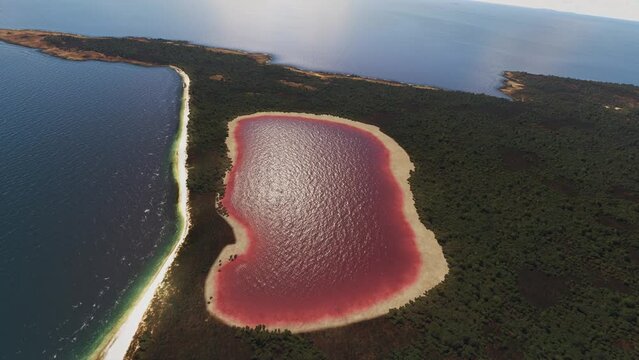 Circular aerial drone view of Lake Hillier. Western Australia
