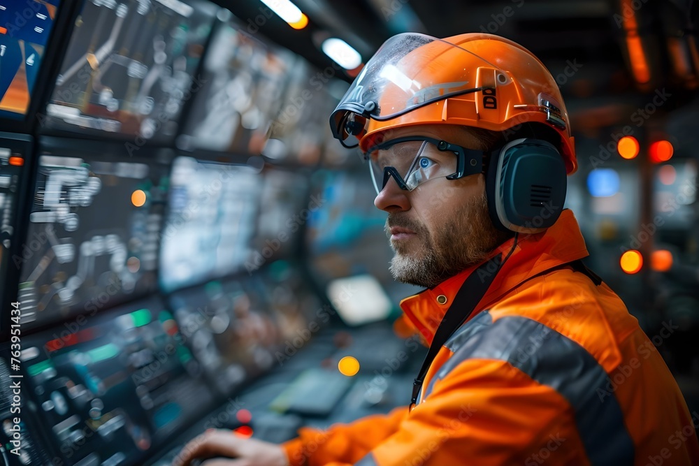 Poster miner operating hightech equipment in hardrock mine with advanced technologies. concept hardrock min