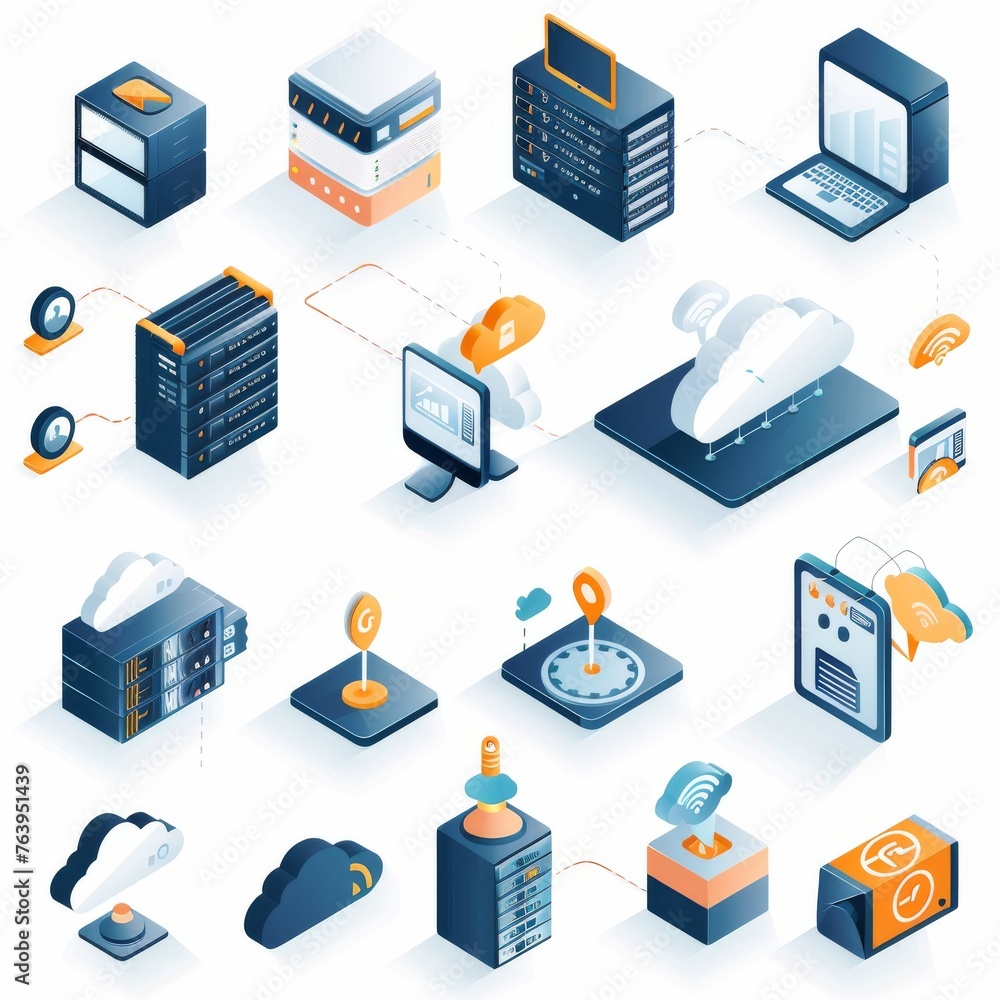 Poster isometric illustration set with cloud computing elements, showing connectivity between data storage,