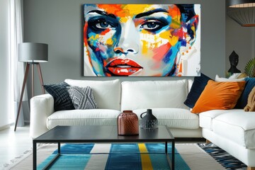 Scandinavian interior design of modern living room, home. Colorful vibrant pillows on white sofa against wall with art poster frame.