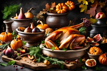 Festive table for Thanksgiving Holiday with whole roasted turkey with apple, pumpkin, figs and herbs in a mortar.