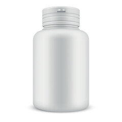 Medicine bottle white package with cup for tablet pill capsule storage mockup realistic vector