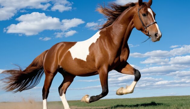 An image capturing the essence of equine beauty as a chestnut horse with a prominent white blaze gallops freely in the countryside. The horse's strong physique is in full display against the expansive