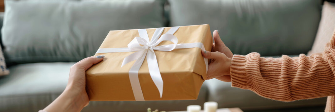 A Woman Is Giving A Gift To Her Friend Or Family, Banner