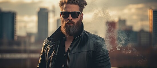 A man with a beard and sunglasses is smoking a cigarette - obrazy, fototapety, plakaty