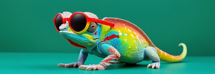A fashion-forward chameleon makes a statement with sleek red sunglasses, set against a vibrant green stage. Its striking pose and the spectrum of colors it displays emphasize its bold personality.
