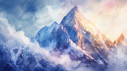 An ethereal watercolor captures the majestic mountain peak surrounded by swirling clouds, showcasing the serene beauty of nature in this breathtaking landscape