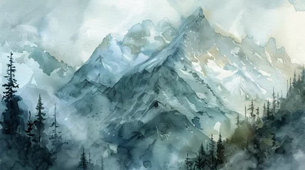 Schilderijen op glas Experience the tranquility of a winter wonderland as a watercolor captures the majestic mountain range, enveloped in snow and surrounded by a breathtaking landscape of trees and clouds © Daniel