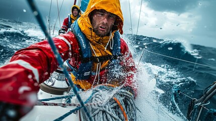 pilot maneuvering on a sailing race with rough weather - obrazy, fototapety, plakaty