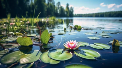 Foto op Canvas Beautiful lake scene with water lilies and sky from low angle © stocksbyrs