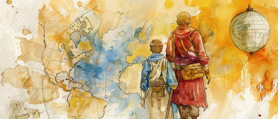 A modern watercolor painting depicting two individuals walking on a map, created with vibrant acrylic paints and intricate sketching techniques
