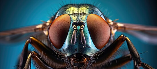 A closeup sculpture of an arthropods face resembling a fictional character, with symmetrical wings and a helmet, set against an electric blue background