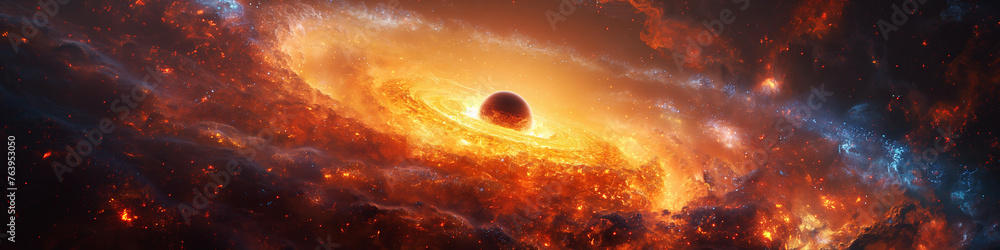 Wall mural fantastic panorama with a black hole, a supernova, and a wormhole with planets in galaxy in space