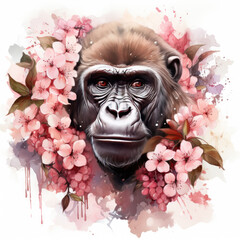 watercolor Gorilla Flowers clipart, Generative Ai