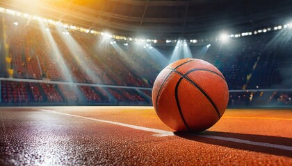 Basketball ball lying on floor on sport arena, stadium with sun light coming into gym - obrazy, fototapety, plakaty